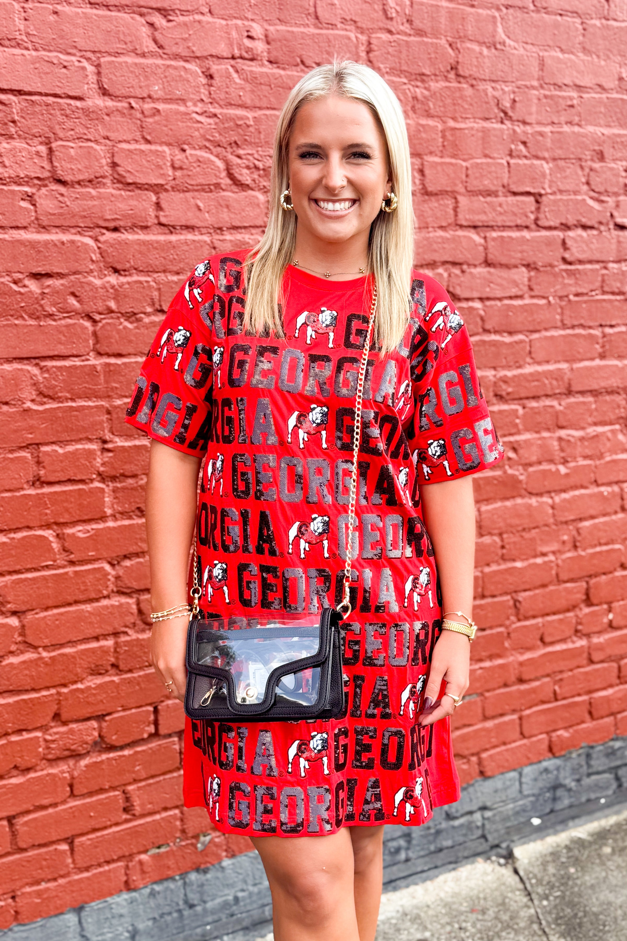 georgia bulldog sequin dress Queen of Sparkles Licensed Red Sequin Bulldog Head Midi Tee Dress XL
